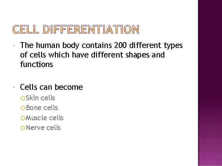  The human body contains 200 different types of cells which have different shapes