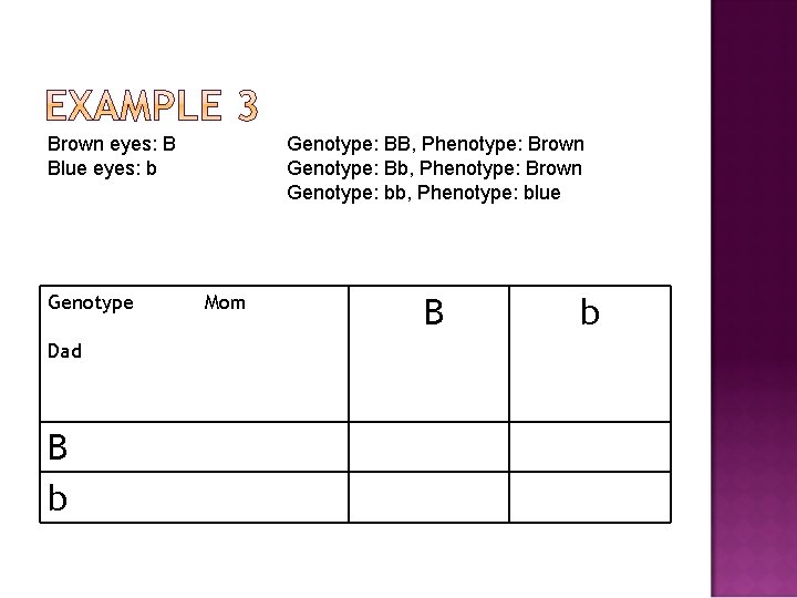 Brown eyes: B Blue eyes: b Genotype Dad B b Genotype: BB, Phenotype: Brown