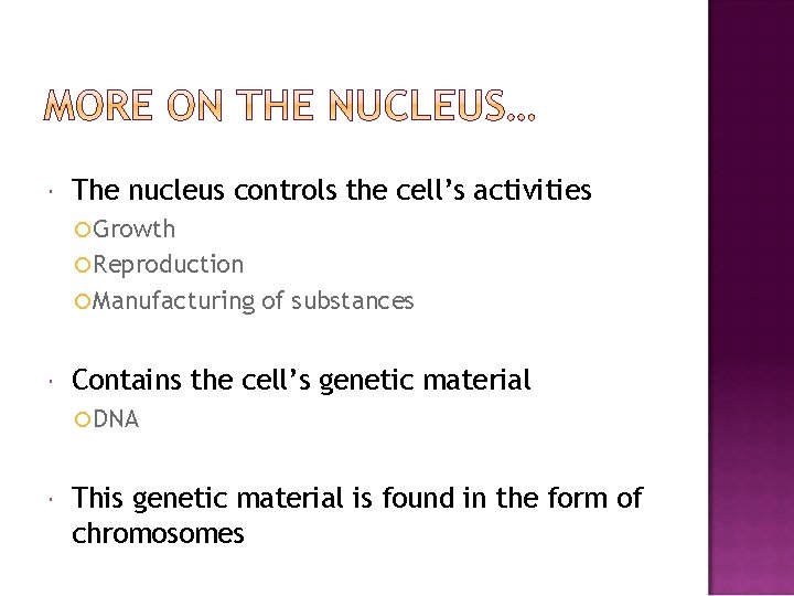  The nucleus controls the cell’s activities Growth Reproduction Manufacturing of substances Contains the