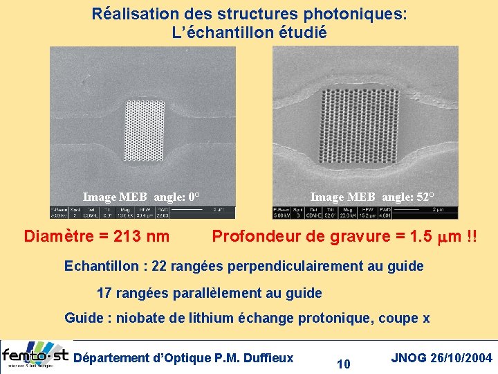 Réalisation des structures photoniques: L’échantillon étudié Image MEB angle: 0° Diamètre = 213 nm