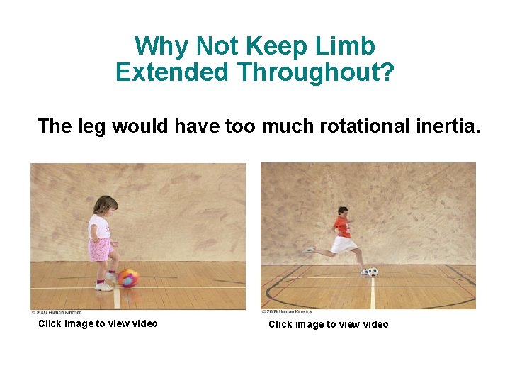 Why Not Keep Limb Extended Throughout? The leg would have too much rotational inertia. Why Not Keep Limb Extended Throughout? The leg would have too much rotational inertia.