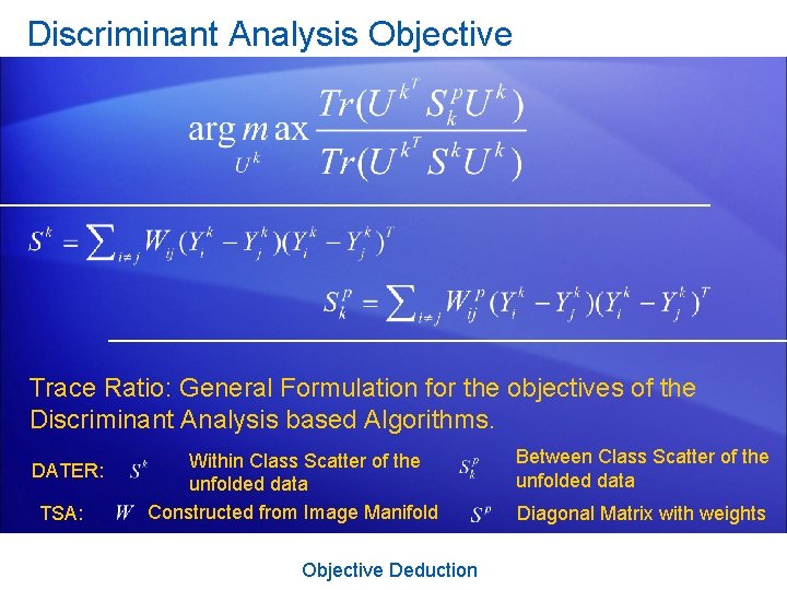 Discriminant Analysis Objective Trace Ratio: General Formulation for the objectives of the Discriminant Analysis