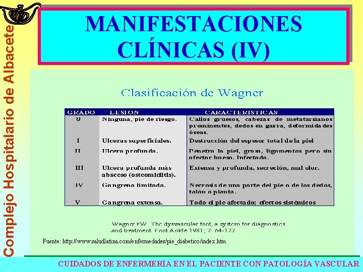 Complejo Hospitalario de Albacete MANIFESTACIONES CLÍNICAS (IV) Fuente: http: //www. saludlatina. com/enfermedades/pie_diabetico/index. htm CUIDADOS