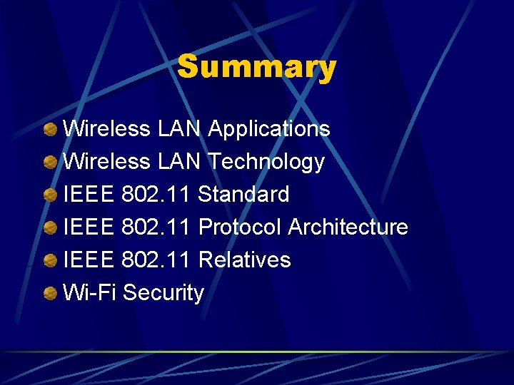 Summary Wireless LAN Applications Wireless LAN Technology IEEE 802. 11 Standard IEEE 802. 11