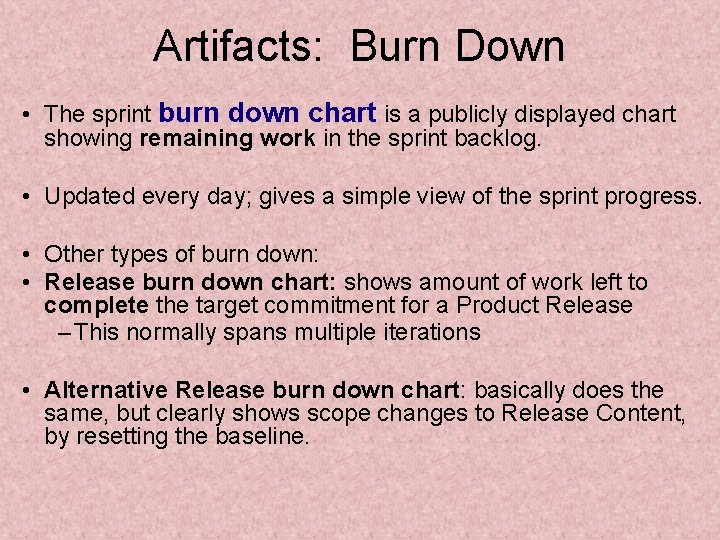 Artifacts: Burn Down • The sprint burn down chart is a publicly displayed chart