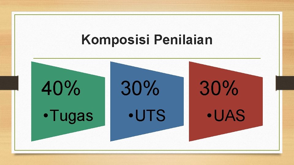 Komposisi Penilaian 40% • Tugas 30% • UTS 30% • UAS 