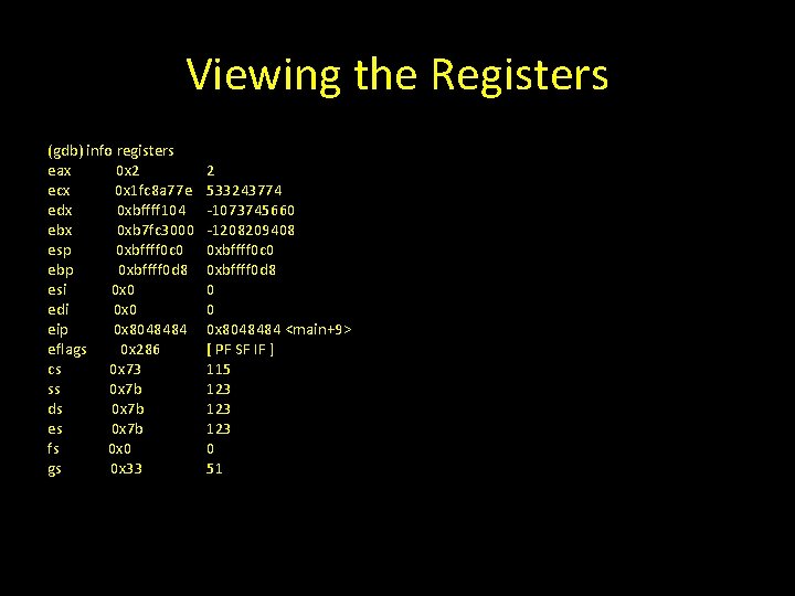 Viewing the Registers (gdb) info registers eax 0 x 2 ecx 0 x 1