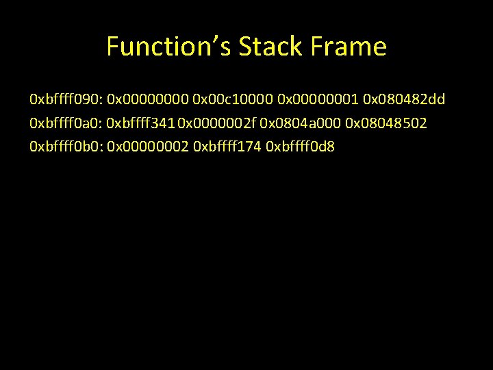Function’s Stack Frame 0 xbffff 090: 0 x 0000 0 x 00 c 10000