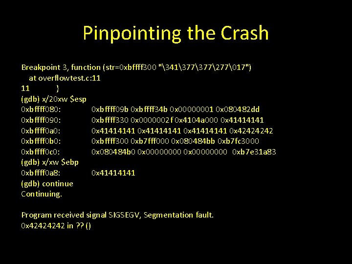 Pinpointing the Crash Breakpoint 3, function (str=0 xbffff 300 "341377277�17") at overflowtest. c: 11