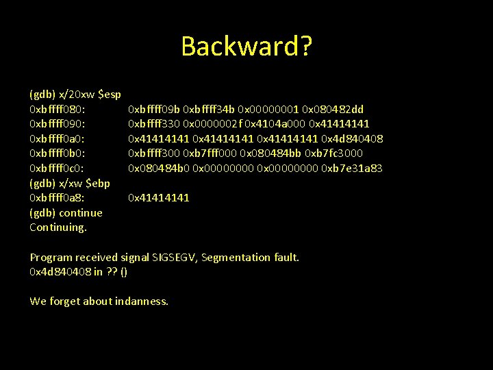 Backward? (gdb) x/20 xw $esp 0 xbffff 080: 0 xbffff 090: 0 xbffff 0