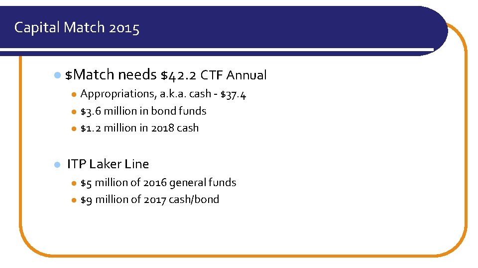 Capital Match 2015 l $Match needs $42. 2 CTF Annual Appropriations, a. k. a.