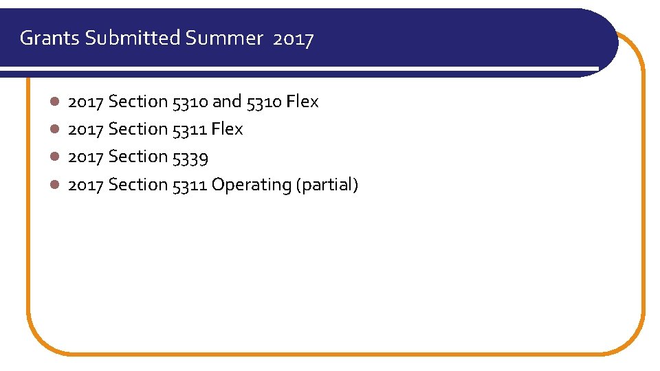 Grants Submitted Summer 2017 Section 5310 and 5310 Flex l 2017 Section 5311 Flex