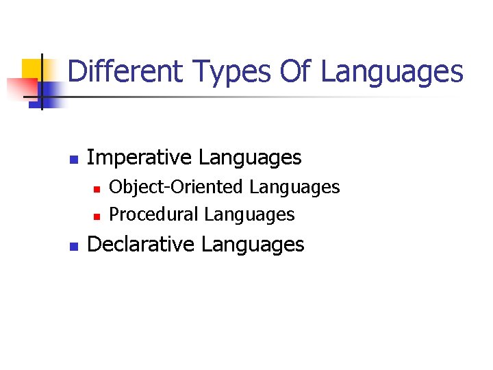 Different Types Of Languages n Imperative Languages n n n Object-Oriented Languages Procedural Languages