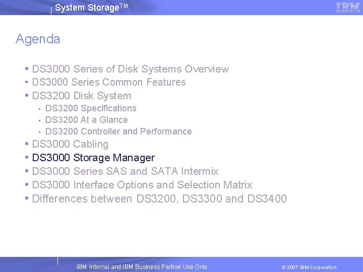 System Storage. TM Agenda • DS 3000 Series of Disk Systems Overview • DS