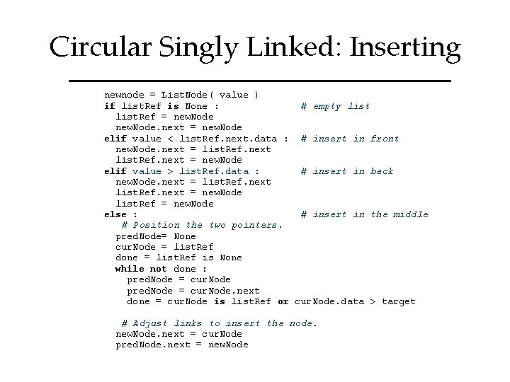 Circular Singly Linked: Inserting newnode = List. Node( value ) if list. Ref is