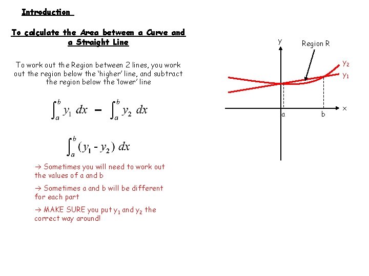 Introduction To calculate the Area between a Curve and a Straight Line y Region