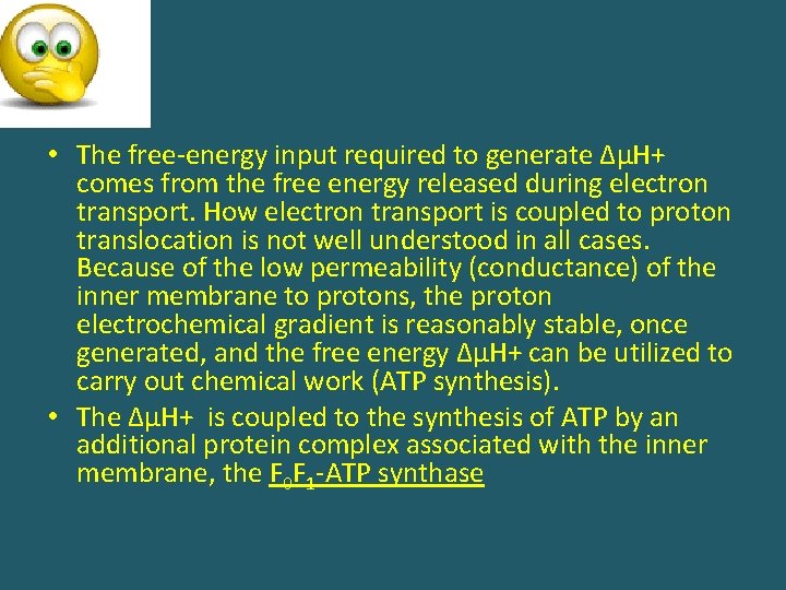  • The free-energy input required to generate ΔμH+ comes from the free energy