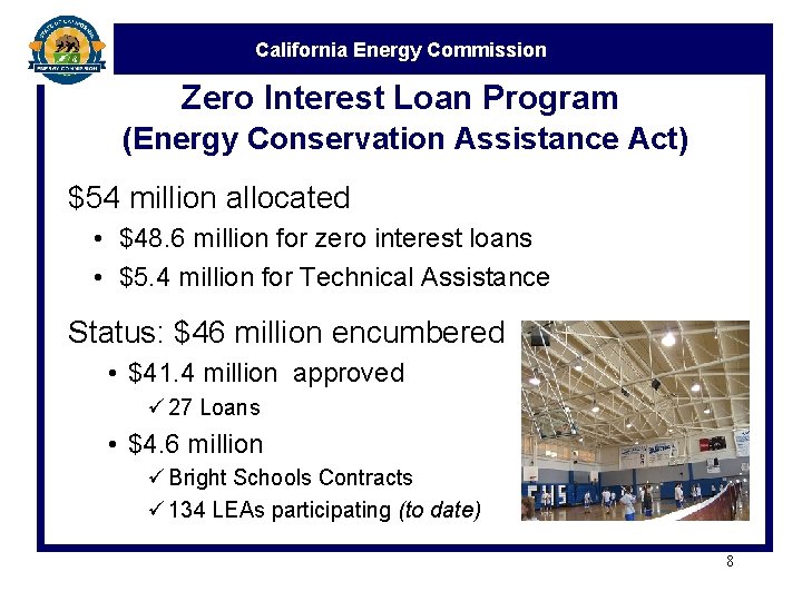 California Energy Commission Zero Interest Loan Program (Energy Conservation Assistance Act) $54 million allocated