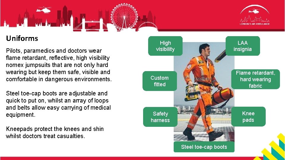 Uniforms Pilots, paramedics and doctors wear flame retardant, reflective, high visibility nomex jumpsuits that