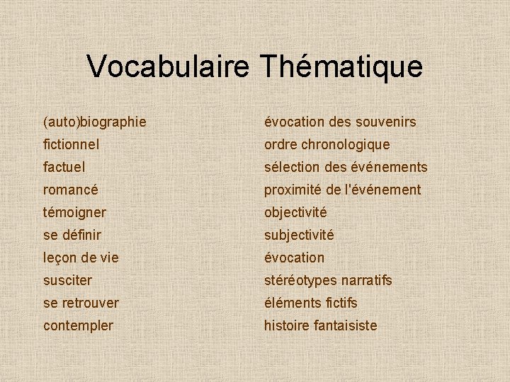 Vocabulaire Thématique (auto)biographie évocation des souvenirs fictionnel ordre chronologique factuel sélection des événements romancé