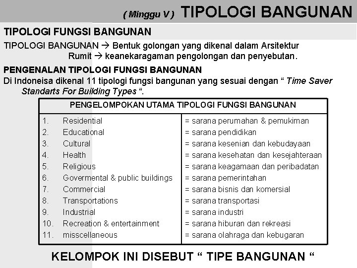 ( Minggu V ) TIPOLOGI BANGUNAN TIPOLOGI FUNGSI BANGUNAN TIPOLOGI BANGUNAN Bentuk golongan yang