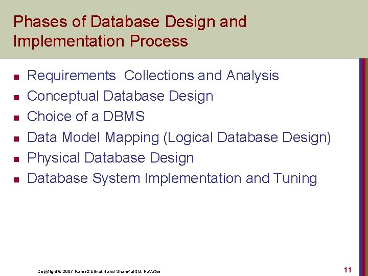 Phases of Database Design and Implementation Process n n n Requirements Collections and Analysis
