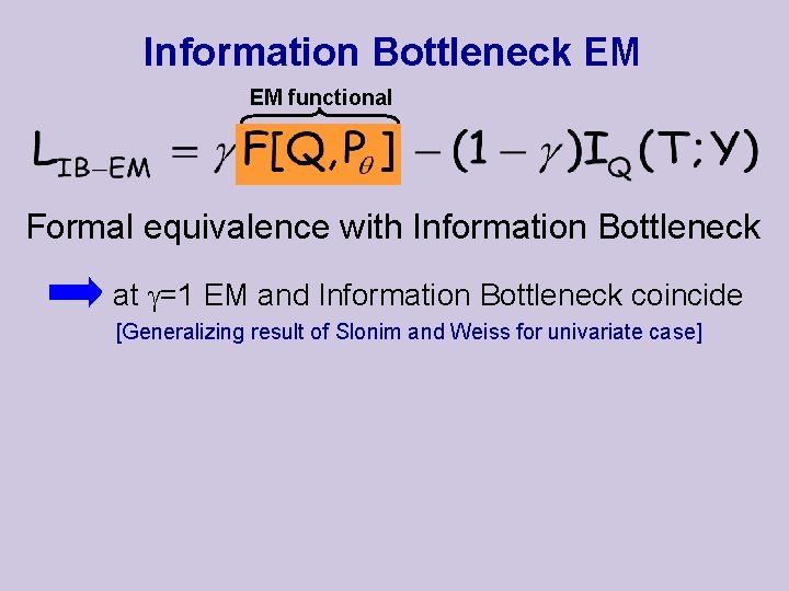 Information Bottleneck EM EM functional Formal equivalence with Information Bottleneck at =1 EM and