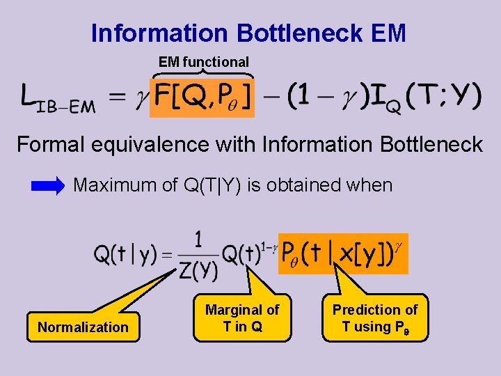 Information Bottleneck EM EM functional Formal equivalence with Information Bottleneck Maximum of Q(T|Y) is