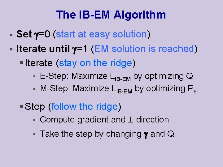 The IB-EM Algorithm § § Set =0 (start at easy solution) Iterate until =1