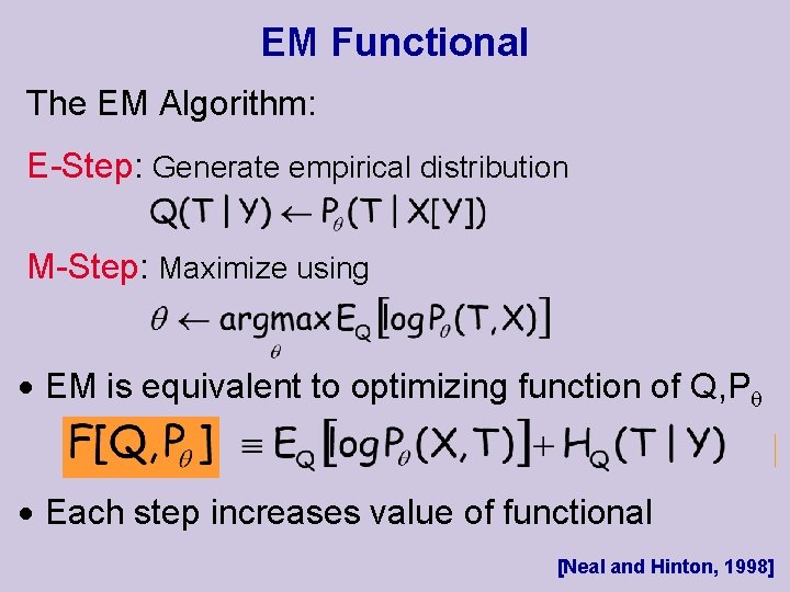 EM Functional The EM Algorithm: E-Step: Generate empirical distribution M-Step: Maximize using EM is