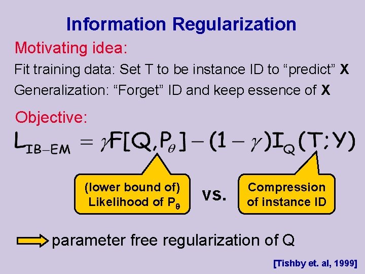 Information Regularization Motivating idea: Fit training data: Set T to be instance ID to