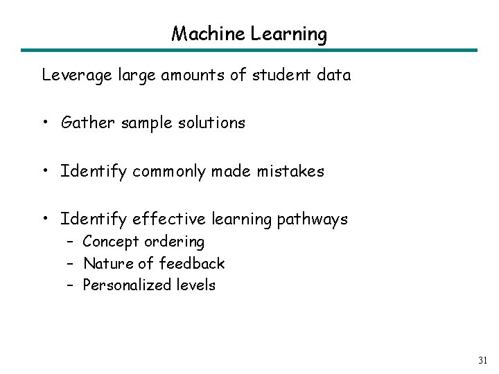Machine Learning Leverage large amounts of student data • Gather sample solutions • Identify