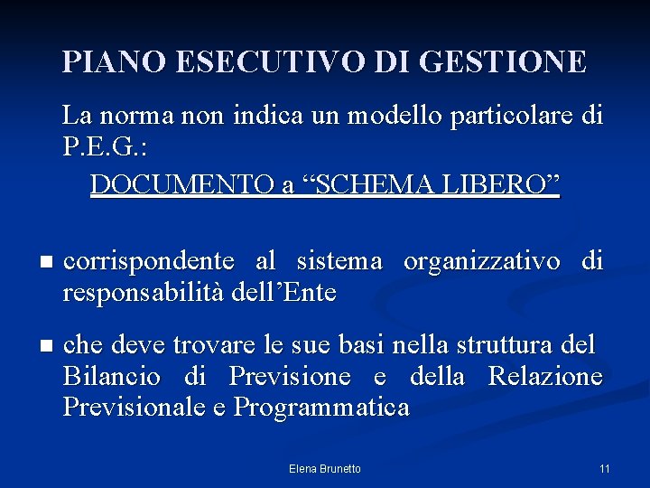 PIANO ESECUTIVO DI GESTIONE La norma non indica un modello particolare di P. E.