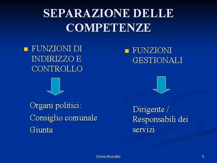 SEPARAZIONE DELLE COMPETENZE n FUNZIONI DI INDIRIZZO E CONTROLLO n Organi politici: Consiglio comunale