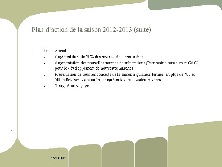 Plan d’action de la saison 2012 2013 (suite) § Financement o Augmentation de 20%