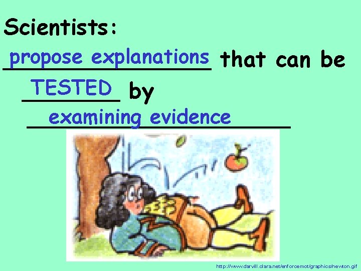 Scientists: propose explanations that can be ________ TESTED by _______ examining evidence __________ http: