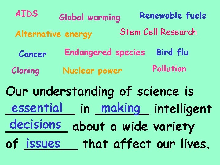AIDS Global warming Alternative energy Cancer Cloning Renewable fuels Stem Cell Research Endangered species