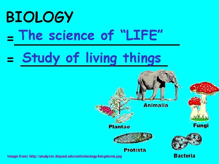 BIOLOGY The science of “LIFE” =_________ Study of living things = ________ Image from: