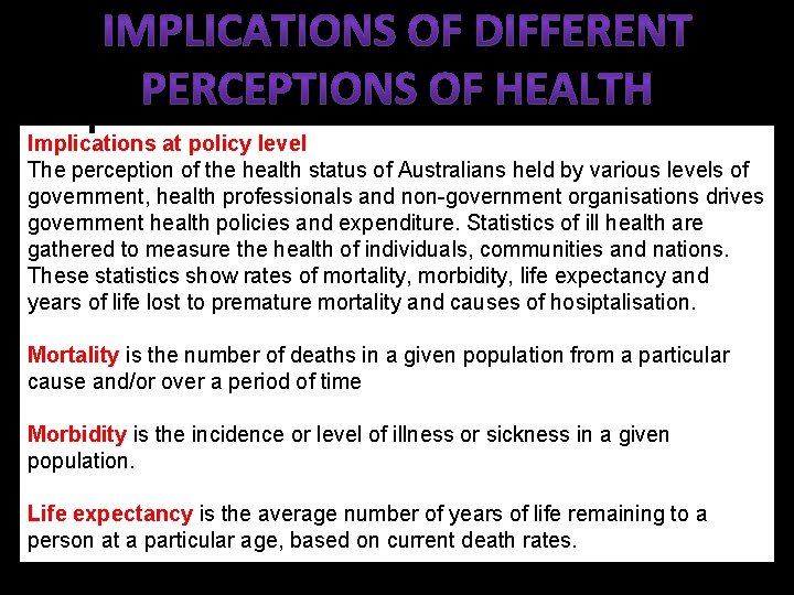 Implications at policy level The perception of the health status of Australians held by