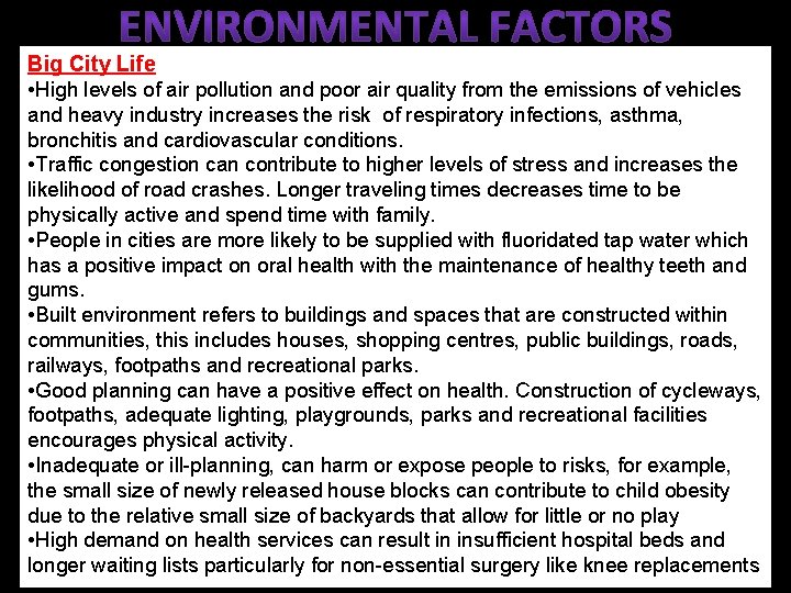 Big City Life • High levels of air pollution and poor air quality from