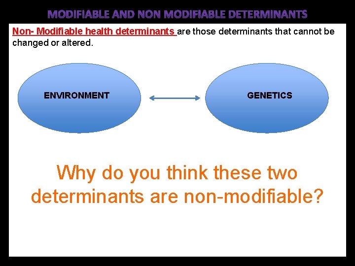 Non- Modifiable health determinants are those determinants that cannot be changed or altered. ENVIRONMENT