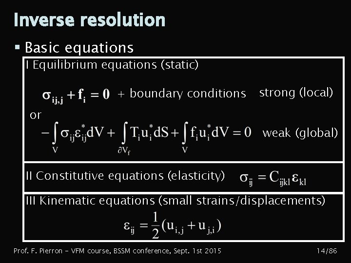 Inverse resolution § Basic equations I Equilibrium equations (static) + boundary conditions strong (local)