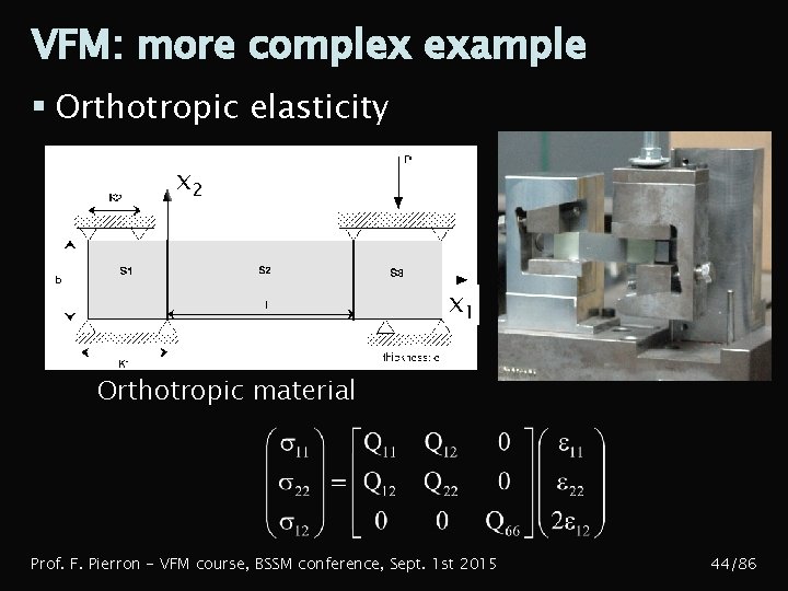 VFM: more complex example § Orthotropic elasticity x 2 x 1 Orthotropic material Prof.