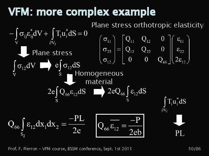 VFM: more complex example Plane stress orthotropic elasticity Plane stress Homogeneous material Prof. F.
