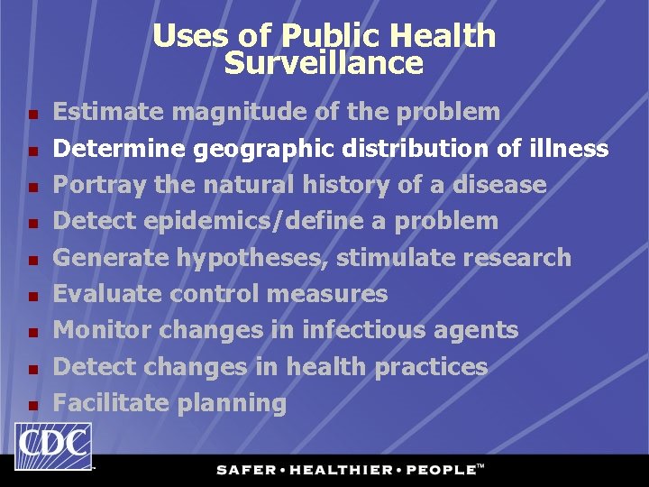 Uses of Public Health Surveillance n n n n n Estimate magnitude of the