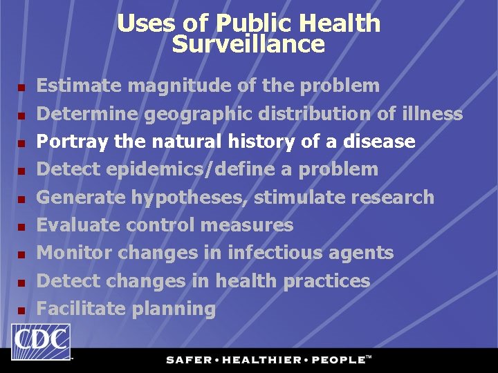 Uses of Public Health Surveillance n n n n n Estimate magnitude of the