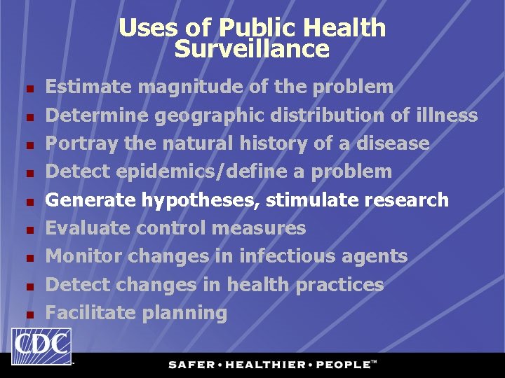 Uses of Public Health Surveillance n n n n n Estimate magnitude of the