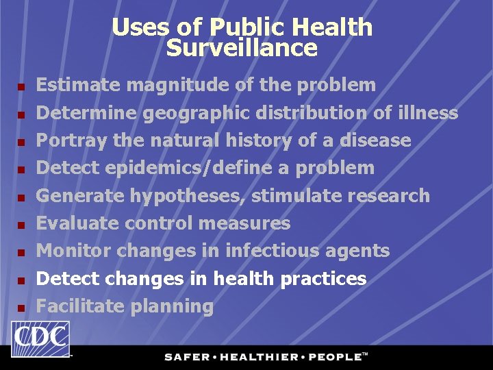 Uses of Public Health Surveillance n n n n n Estimate magnitude of the