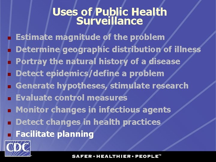 Uses of Public Health Surveillance n n n n n Estimate magnitude of the