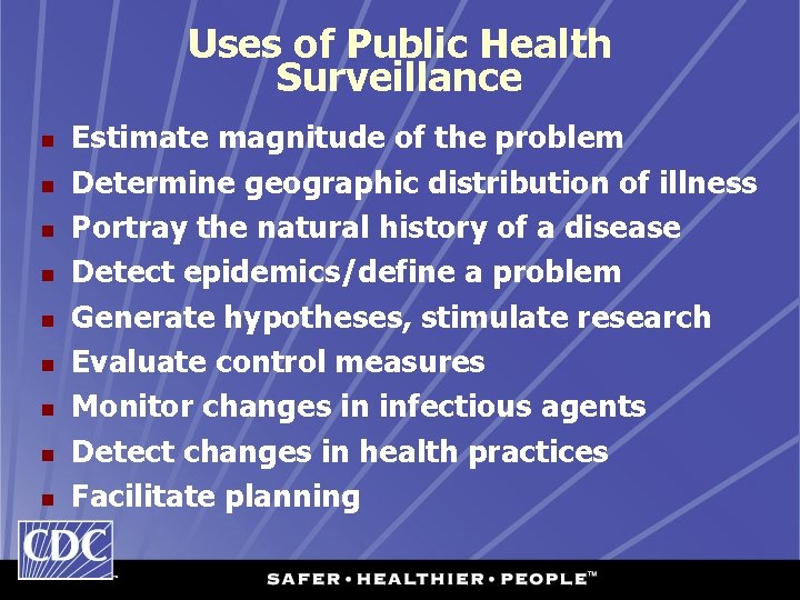 Uses of Public Health Surveillance n n n n n Estimate magnitude of the